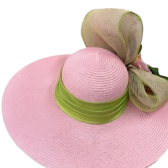 Stunning Big Couture Towering Sculpted Pink Green Floral Wide Brim Women's Hat - Picture 2 of 5